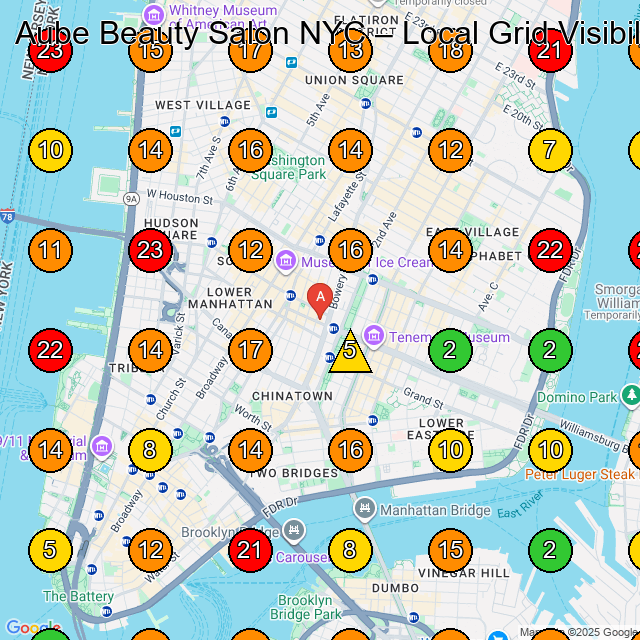 Aube Beauty Salon NYC Hair Salon GeoGrid ranking map for New York NY